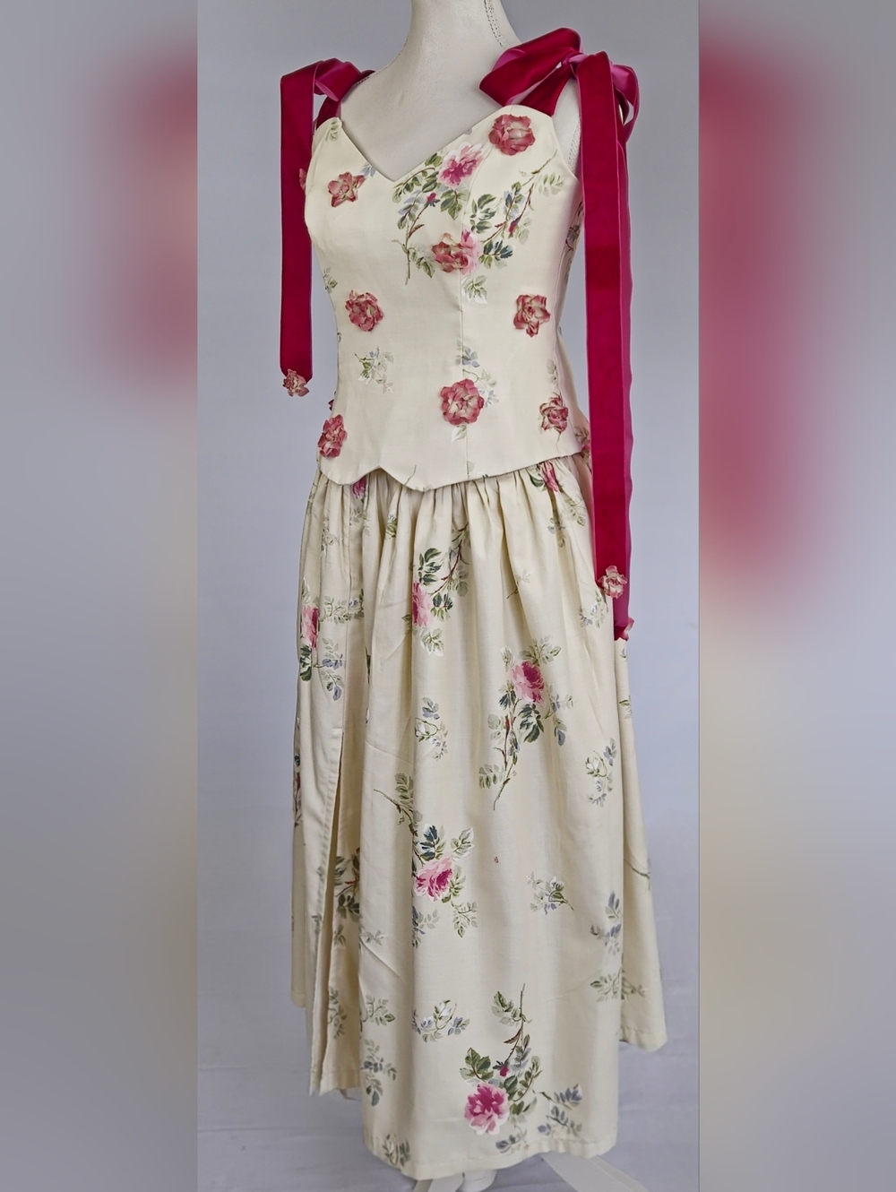 Upcycled Vintage Floral Corset Top and Skirt Set with Velvet Ribbon Ties - Picture 6 of 14